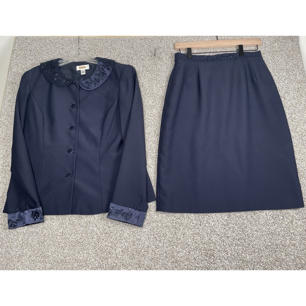 Vintage Talbots Navy Blue Beaded Collar Skirt Suit Set 2 Pc Blazer Skirt Sz 8